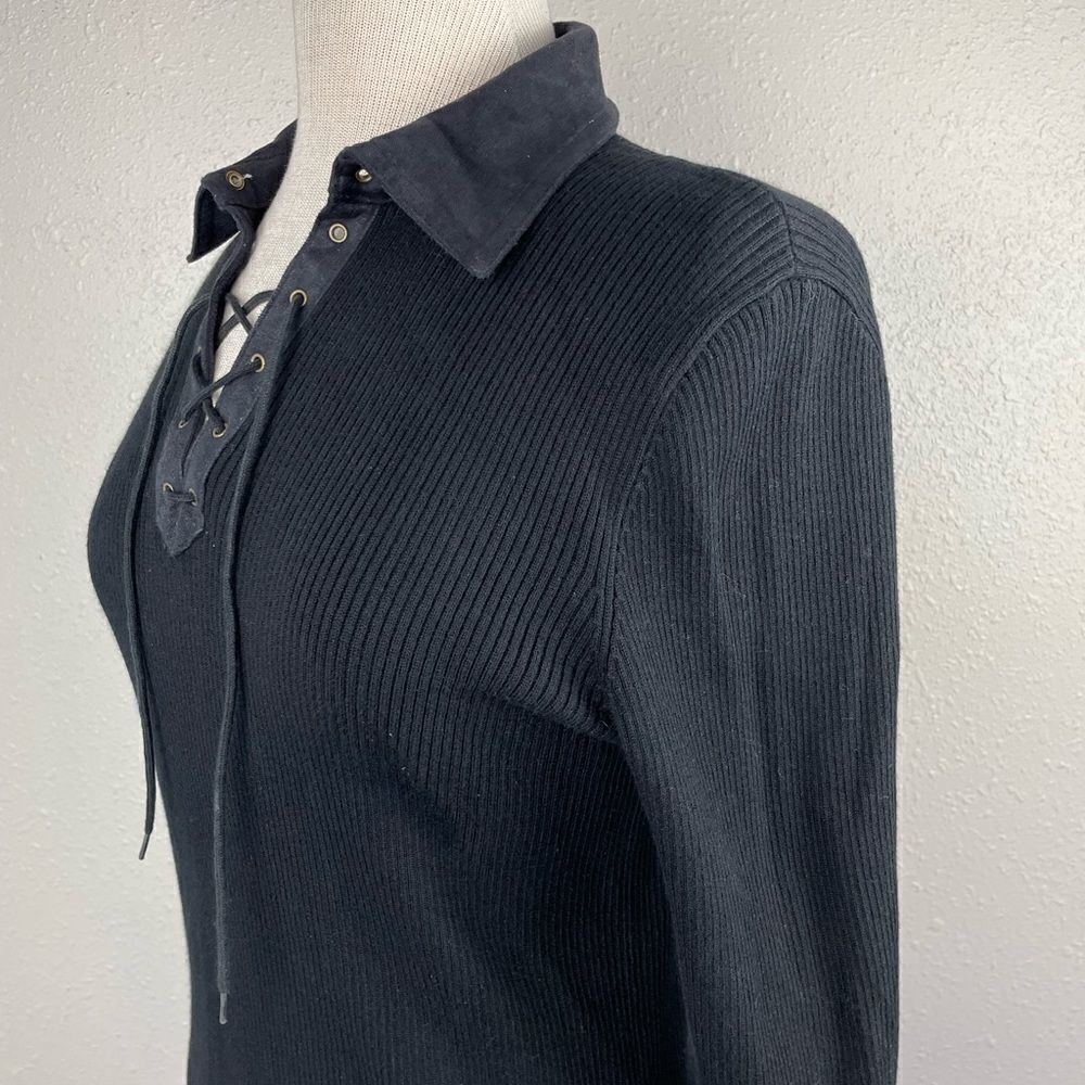 Lauren Ralph Lauren Lace Up V-Neck Collared Sweater Top Size M EUC - Picture 5 of 7